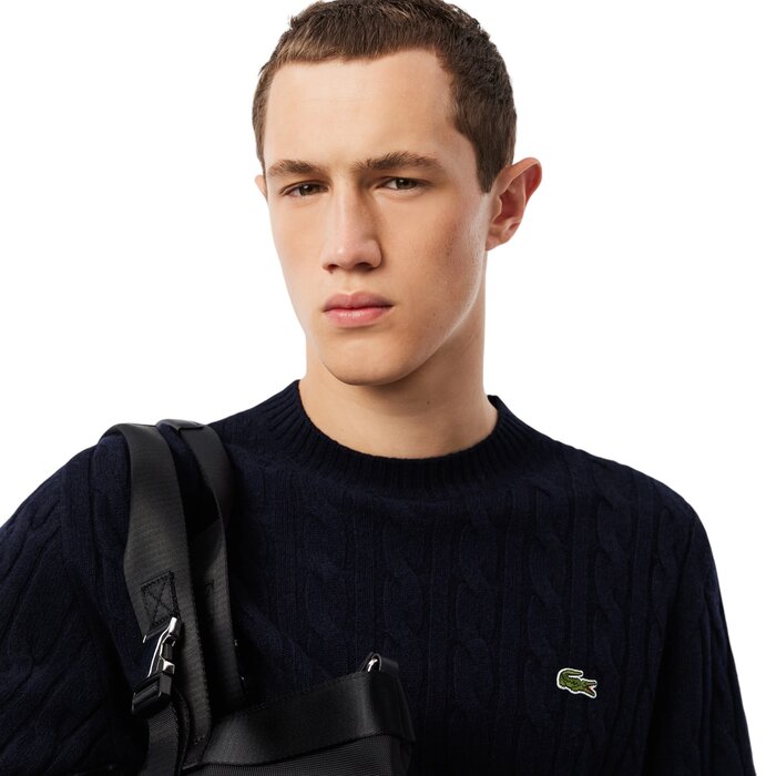 Lacoste Pull Torsadé en Laine Cardée Col Rond - Bleu Marine