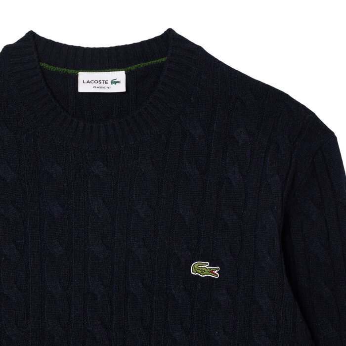 Lacoste Pull Torsadé en Laine Cardée Col Rond - Bleu Marine