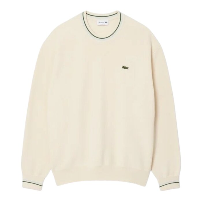 Lacoste Pull fin en crêpe de coton à rayures - Blanc/Vert/Bleu Clair