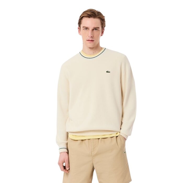 Lacoste Pull fin en crêpe de coton à rayures - Blanc/Vert/Bleu Clair