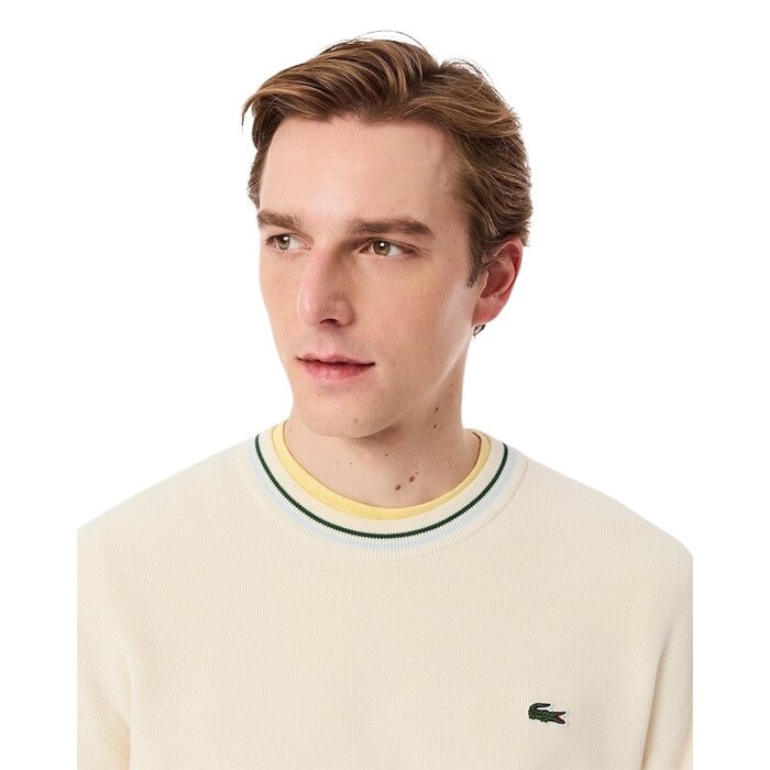Lacoste Pull fin en crêpe de coton à rayures - Blanc/Vert/Bleu Clair