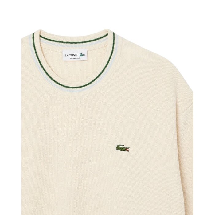 Lacoste Pull fin en crêpe de coton à rayures - Blanc/Vert/Bleu Clair