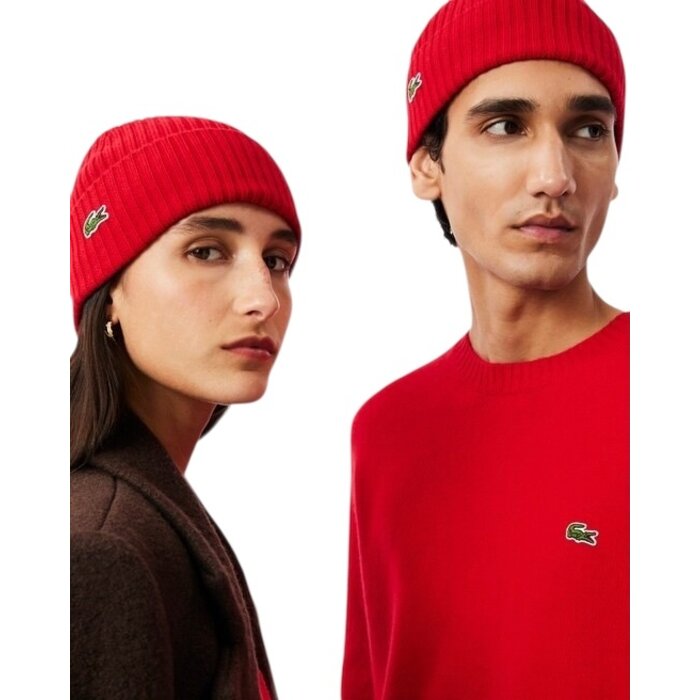 Lacoste Bonnet côtelé en laine - Rouge