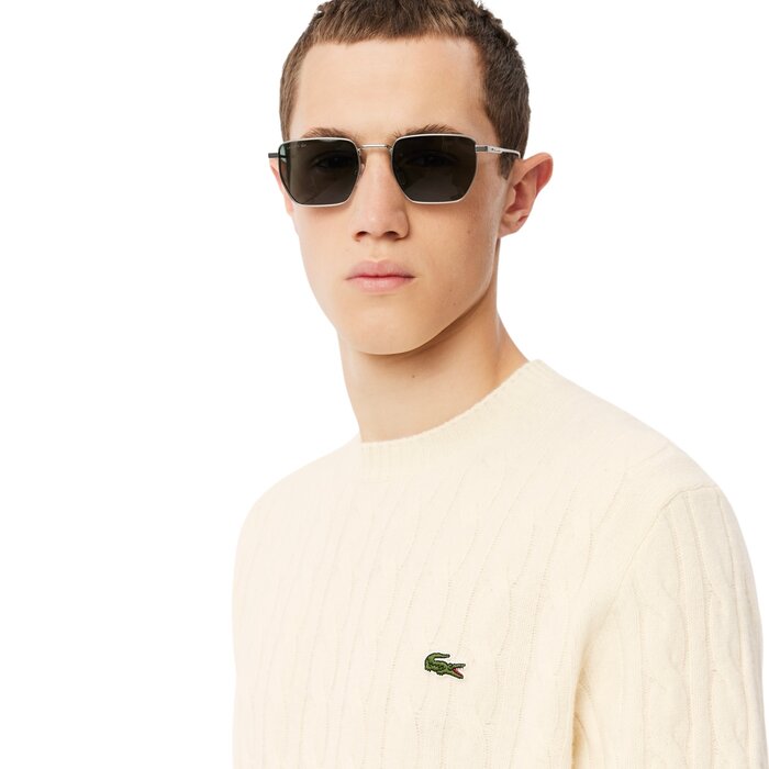 Lacoste Pull Torsadé en Laine Cardée Col Rond - Blanc