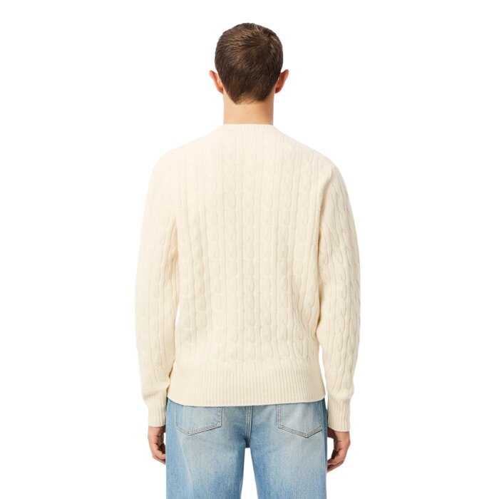 Lacoste Pull Torsadé en Laine Cardée Col Rond - Blanc