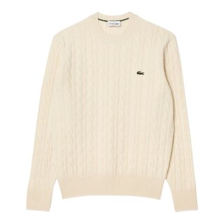 Lacoste Pull Torsadé en Laine Cardée Col Rond - Blanc