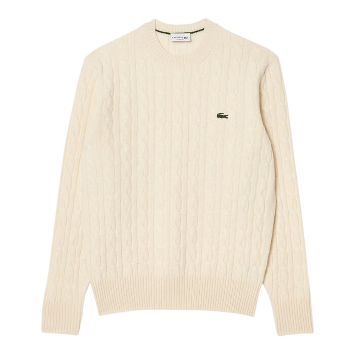 Lacoste Pull Torsadé en Laine Cardée Col Rond - Blanc