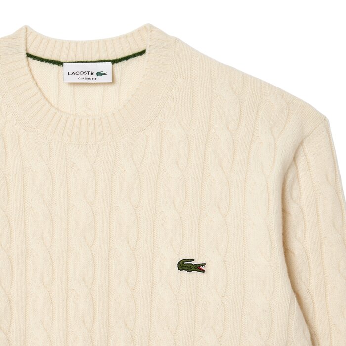 Lacoste Pull Torsadé en Laine Cardée Col Rond - Blanc