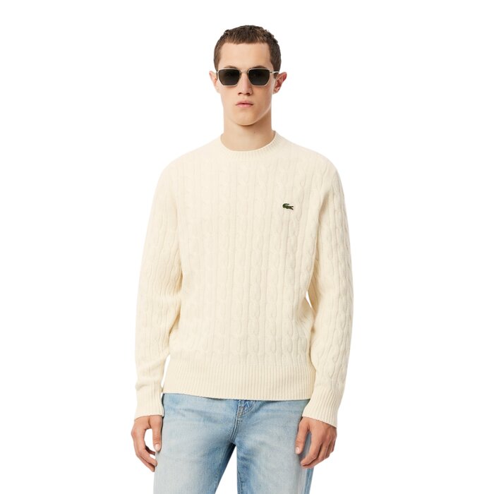 Lacoste Pull Torsadé en Laine Cardée Col Rond - Blanc