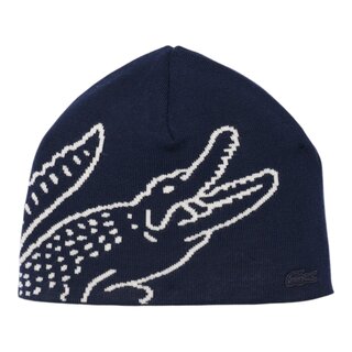 Lacoste Bonnet en Laine Jacquard Crocodile - Bleu Marine/Blanc