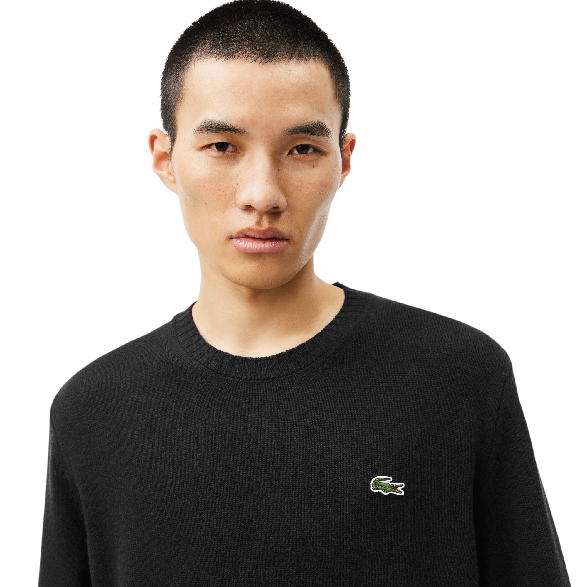 Lacoste Pull En Laine Cardée Col Rond - Noir