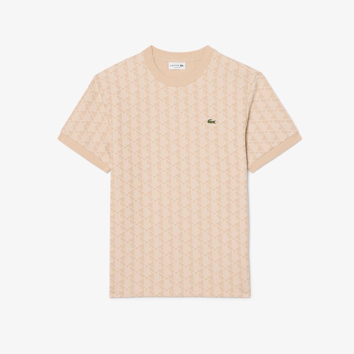 Lacoste T-shirt Jacquard Monogramme - Beige/Blanc
