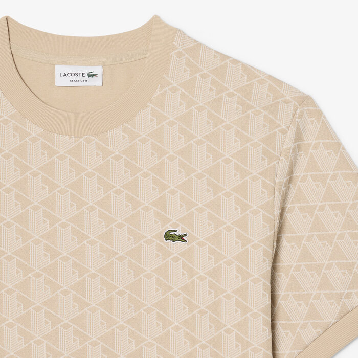 Lacoste T-shirt Jacquard Monogramme - Beige/Blanc