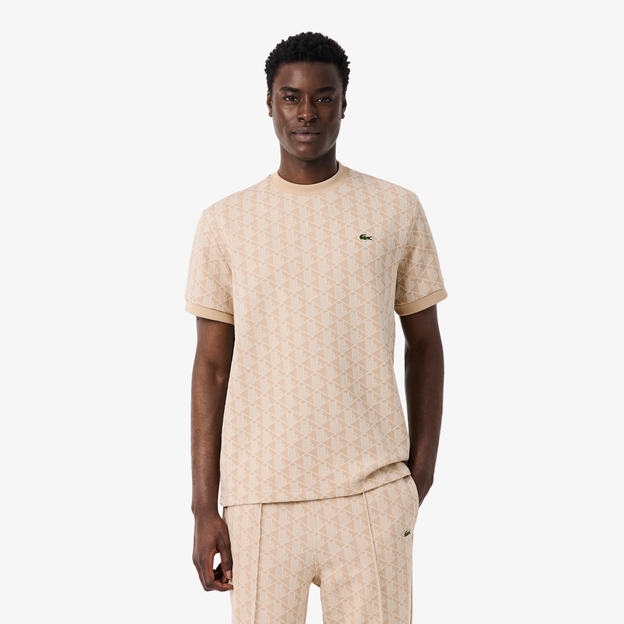 Lacoste T-shirt Jacquard Monogramme - Beige/Blanc