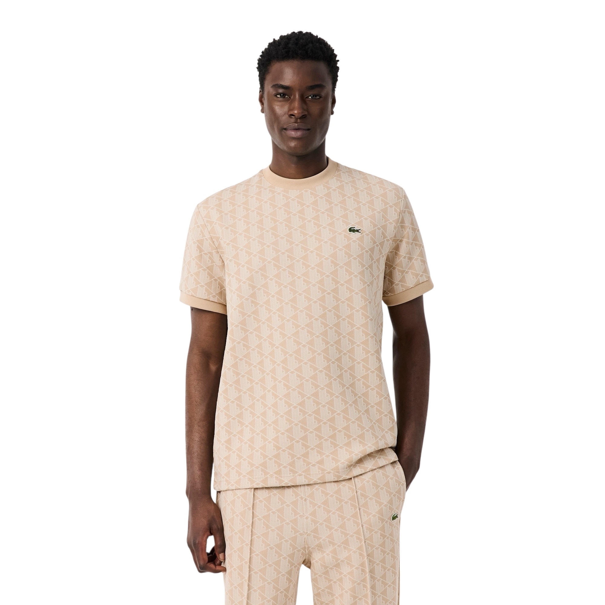 Lacoste T-shirt Jacquard Monogramme - Beige/Blanc
