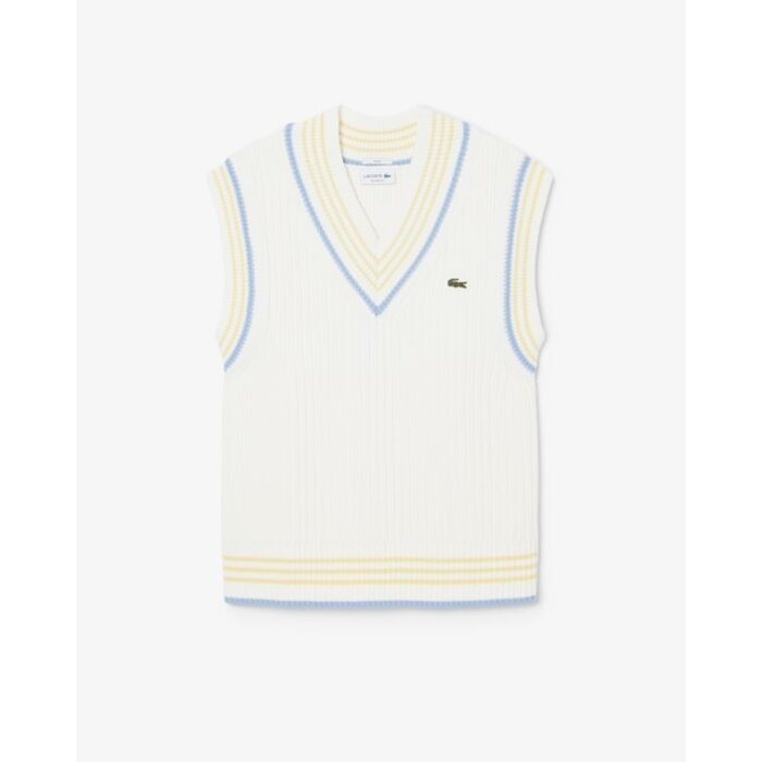 Lacoste Pull sans manches coton rayé côtelé - Blanc/Bleu Clair/Jaune