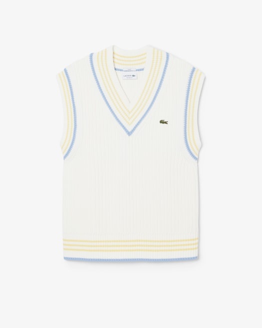 Lacoste Pull sans manches coton rayé côtelé - Blanc/Bleu Clair/Jaune