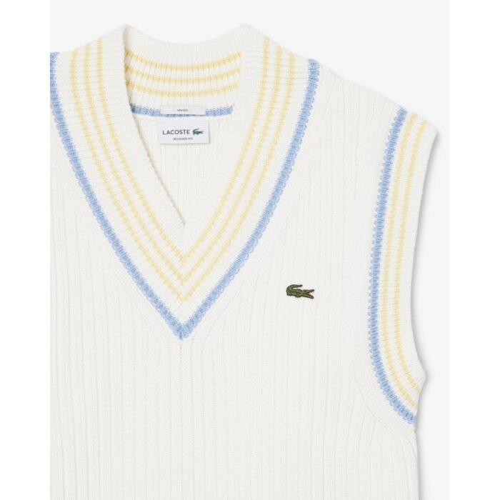 Lacoste Pull sans manches coton rayé côtelé - Blanc/Bleu Clair/Jaune