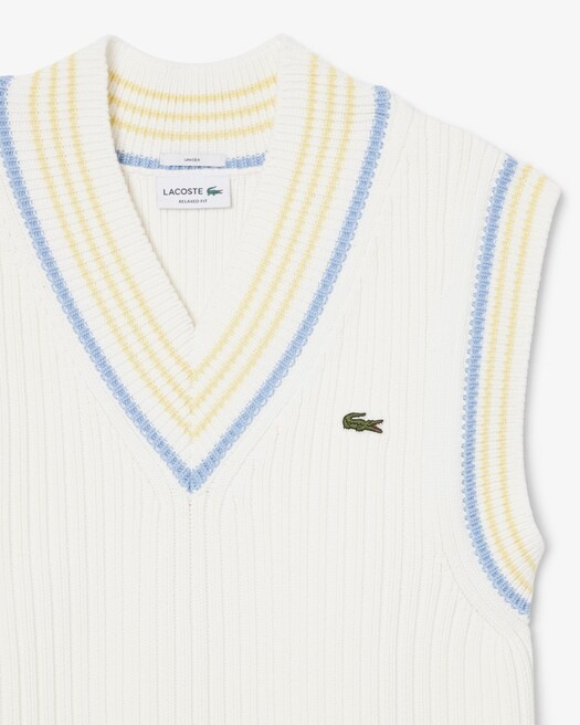 Lacoste Pull sans manches coton rayé côtelé - Blanc/Bleu Clair/Jaune