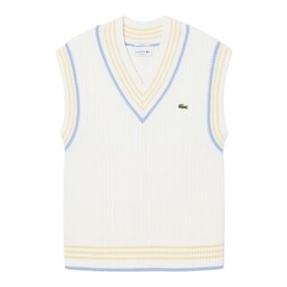 Lacoste Pull sans manches coton rayé côtelé - Blanc/Bleu Clair/Jaune