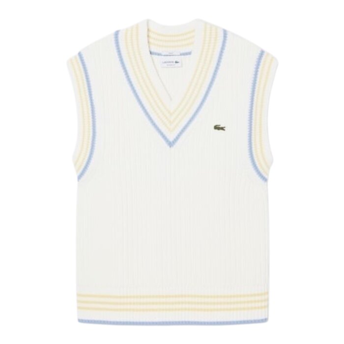 Lacoste Pull sans manches coton rayé côtelé - Blanc/Bleu Clair/Jaune