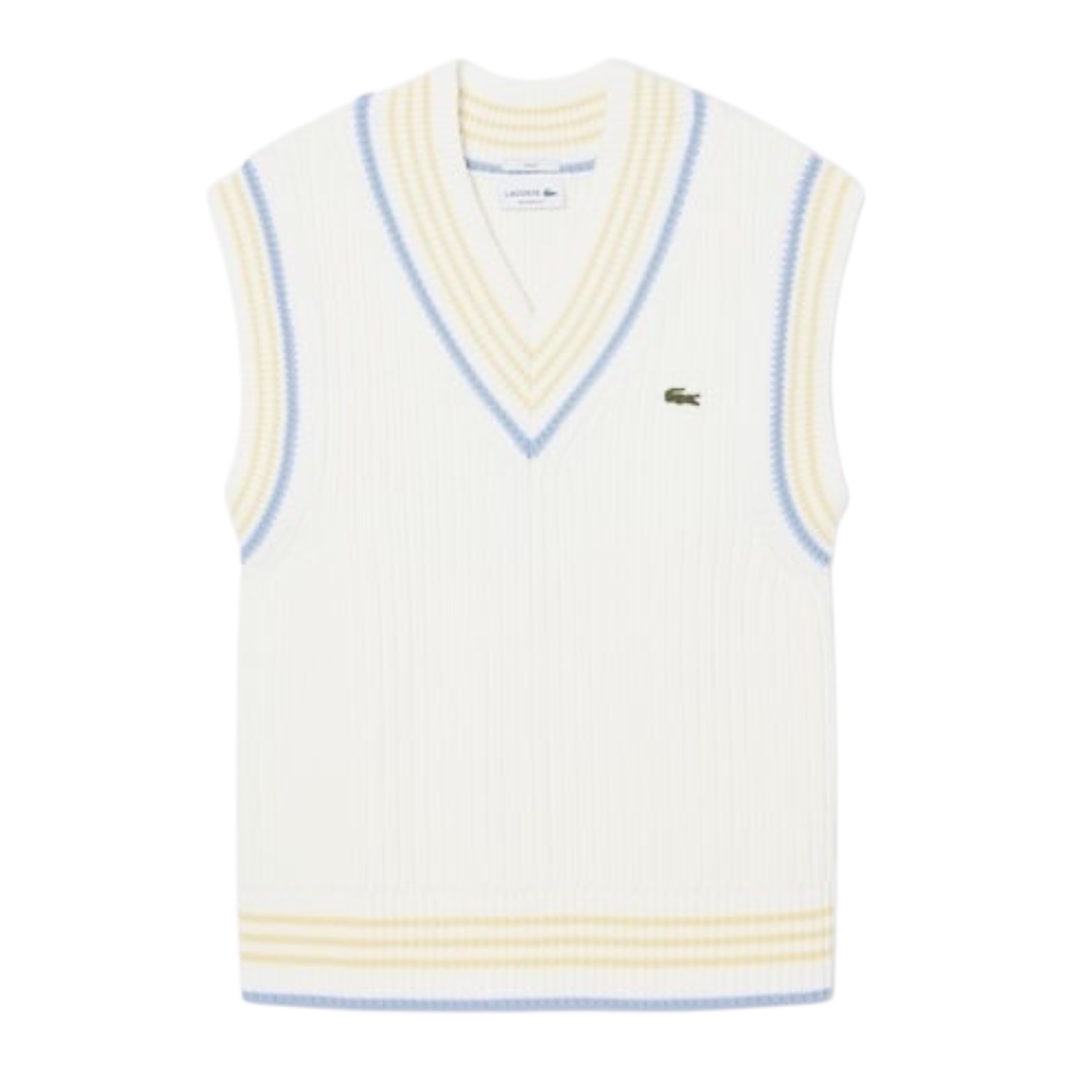 Lacoste Pull sans manches coton rayé côtelé - Blanc/Bleu Clair/Jaune