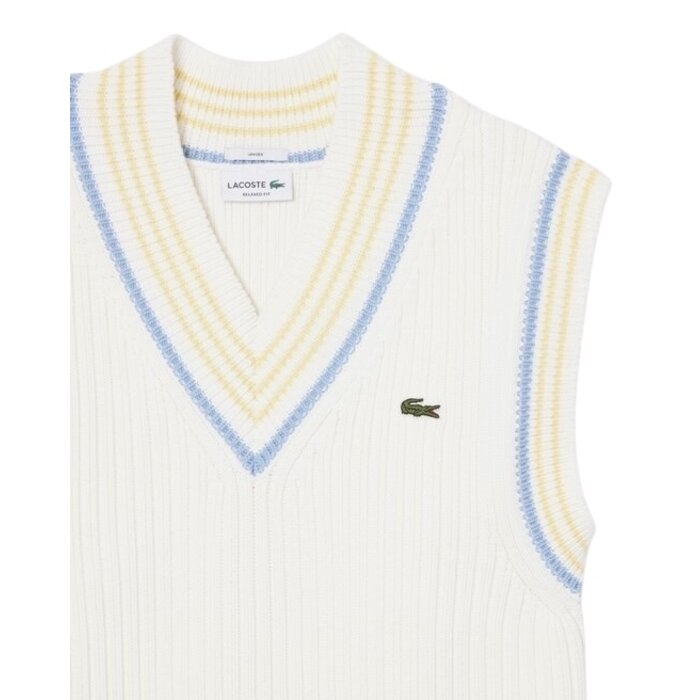 Lacoste Pull sans manches coton rayé côtelé - Blanc/Bleu Clair/Jaune
