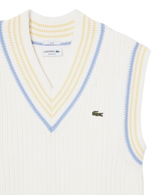 Lacoste Pull sans manches coton rayé côtelé - Blanc/Bleu Clair/Jaune