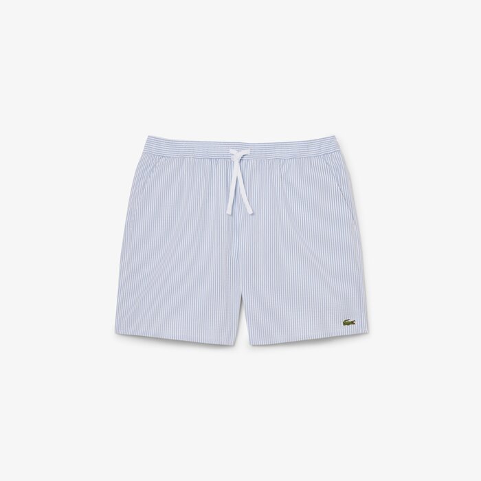 Lacoste Short de bain mi-long rayé texturé - Blanc/Bleu Clair