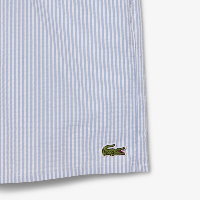 Lacoste Short de bain mi-long rayé texturé - Blanc/Bleu Clair