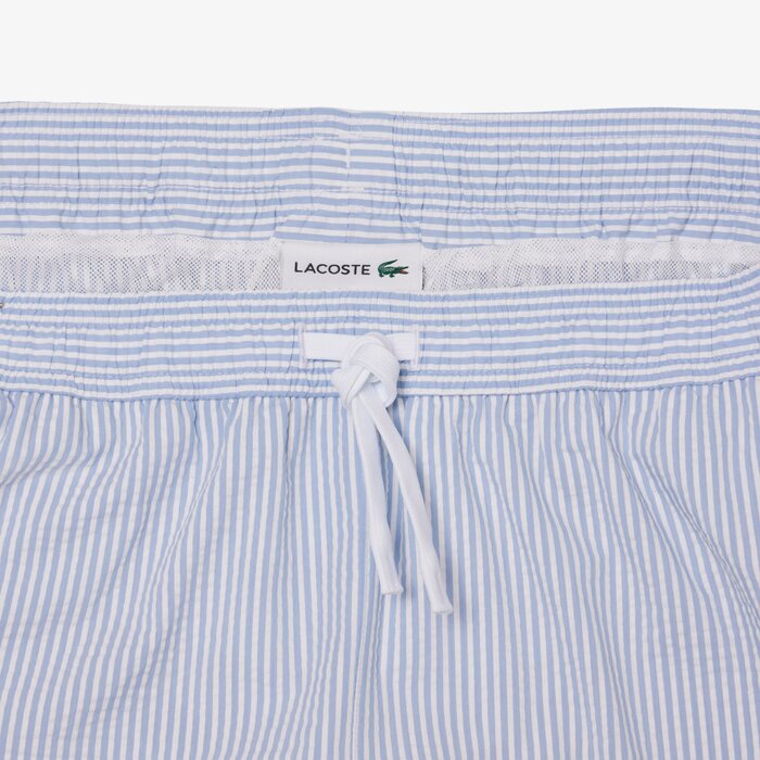 Lacoste Short de bain mi-long rayé texturé - Blanc/Bleu Clair