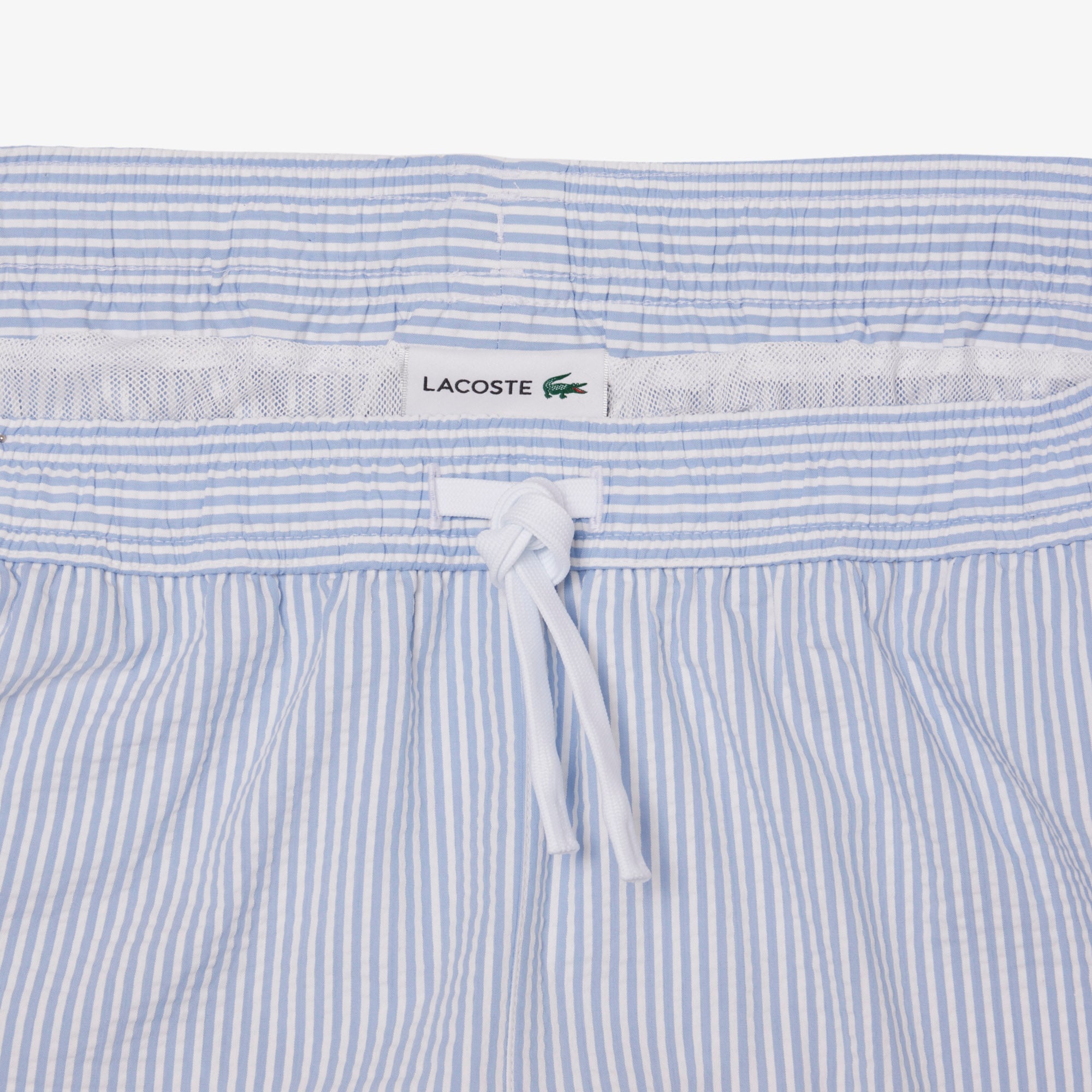 Lacoste Short de bain mi-long rayé texturé - Blanc/Bleu Clair