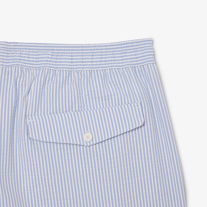 Lacoste Short de bain mi-long rayé texturé - Blanc/Bleu Clair
