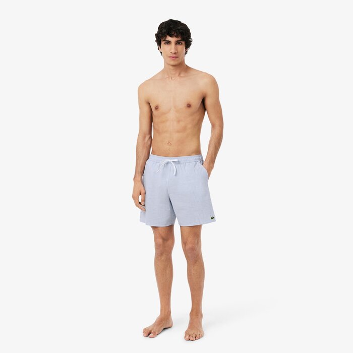 Lacoste Short de bain mi-long rayé texturé - Blanc/Bleu Clair