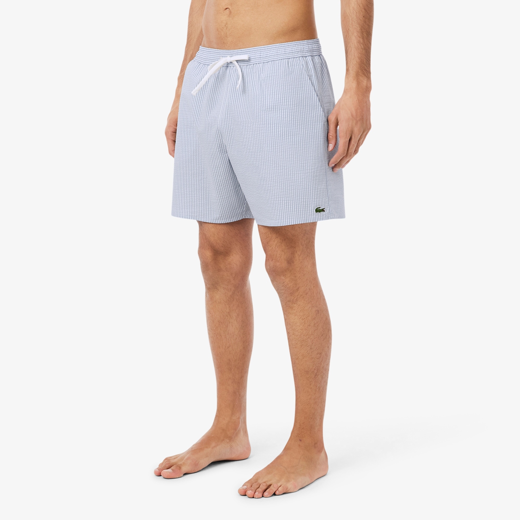 Lacoste Short de bain mi-long rayé texturé - Blanc/Bleu Clair