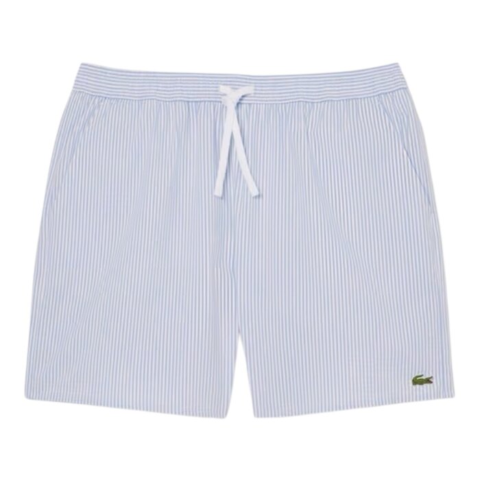 Lacoste Short de bain mi-long rayé texturé - Blanc/Bleu Clair