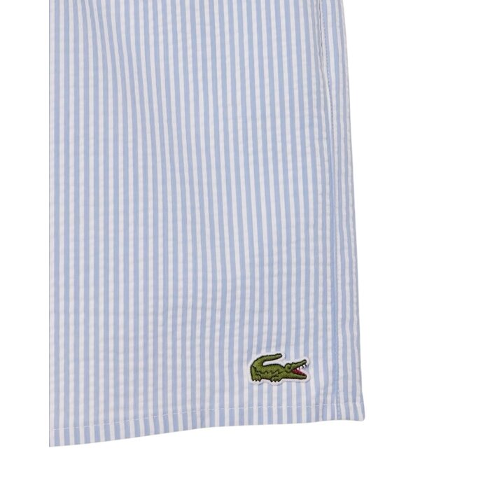 Lacoste Short de bain mi-long rayé texturé - Blanc/Bleu Clair