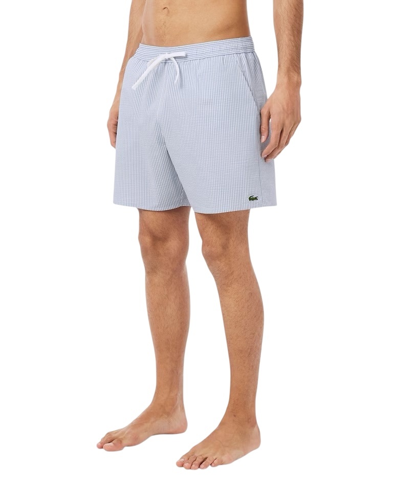 Lacoste Short de bain mi-long rayé texturé - Blanc/Bleu Clair
