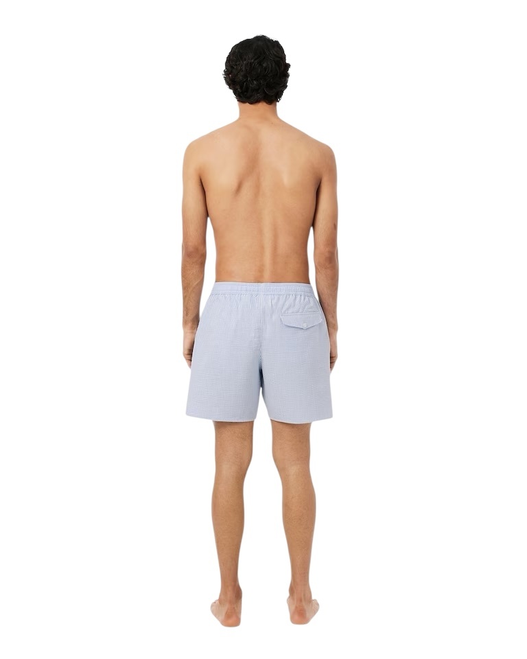 Lacoste Short de bain mi-long rayé texturé - Blanc/Bleu Clair