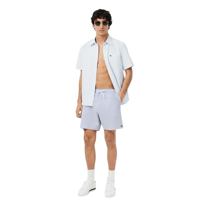 Lacoste Short de bain mi-long rayé texturé - Blanc/Bleu Clair