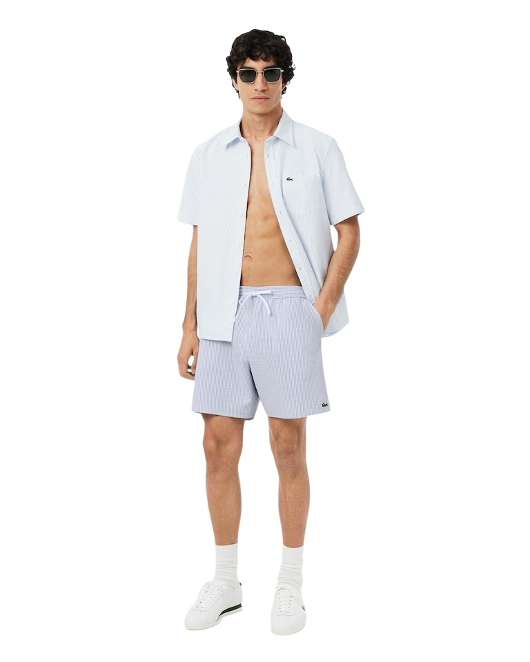 Lacoste Short de bain mi-long rayé texturé - Blanc/Bleu Clair