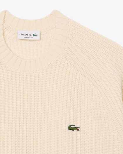 Lacoste Pull en laine épaisse col rond - Blanc