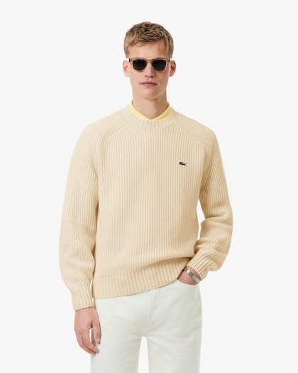 Lacoste Pull en laine épaisse col rond - Blanc