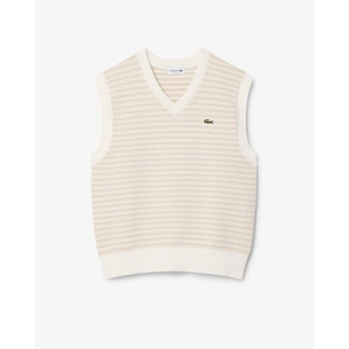Lacoste Pull Sans Manches Rayé - Beige/Gris Clair/Blanc