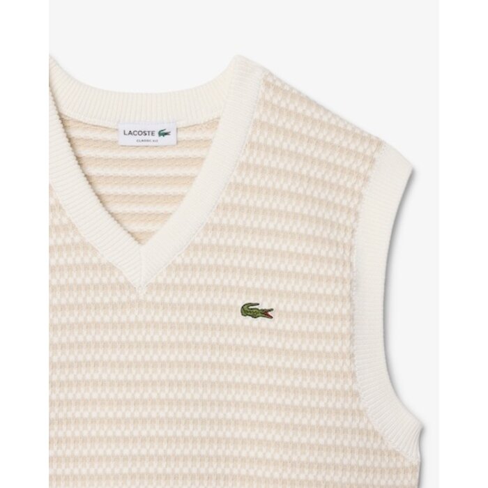 Lacoste Pull Sans Manches Rayé - Beige/Gris Clair/Blanc