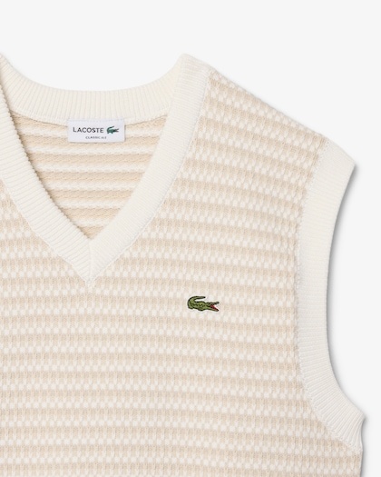 Lacoste Pull Sans Manches Rayé - Beige/Gris Clair/Blanc
