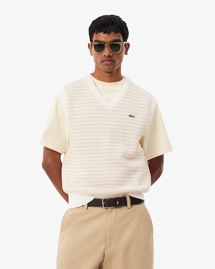 Lacoste Pull Sans Manches Rayé - Beige/Gris Clair/Blanc
