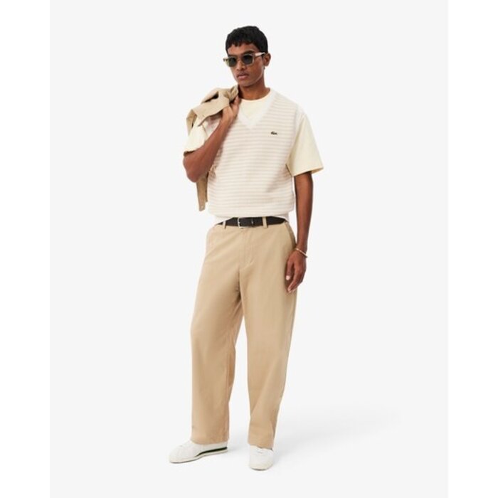Lacoste Pull Sans Manches Rayé - Beige/Gris Clair/Blanc