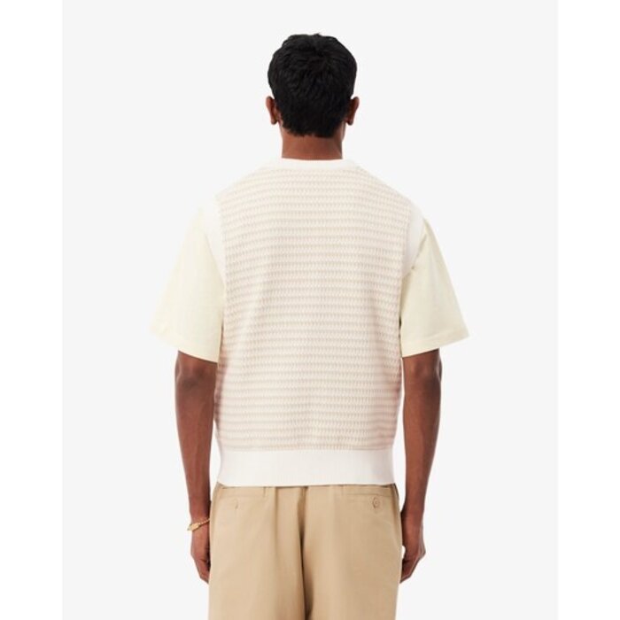 Lacoste Pull Sans Manches Rayé - Beige/Gris Clair/Blanc