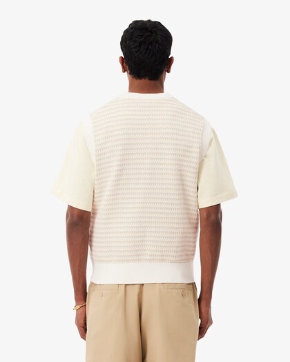 Lacoste Pull Sans Manches Rayé - Beige/Gris Clair/Blanc